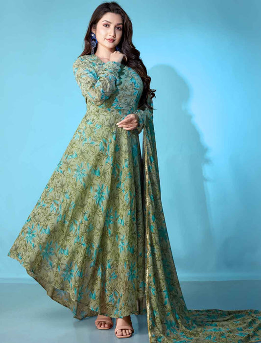 Georgette Green Floral Print Anarkali Long Ethnic Kurta with Dupatta