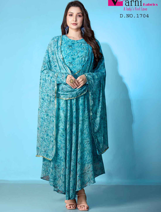 Blue Georgette Ethnic Floral Print Anarkali Long Kurta with Dupatta