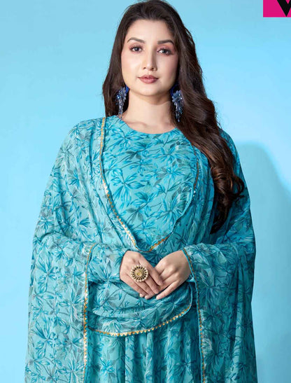Blue Georgette Ethnic Floral Print Anarkali Long Kurta with Dupatta