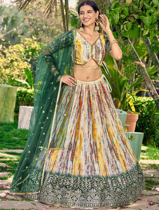 Ethnic Green Chinon With Embroidery Digital Print Lehenga Choli