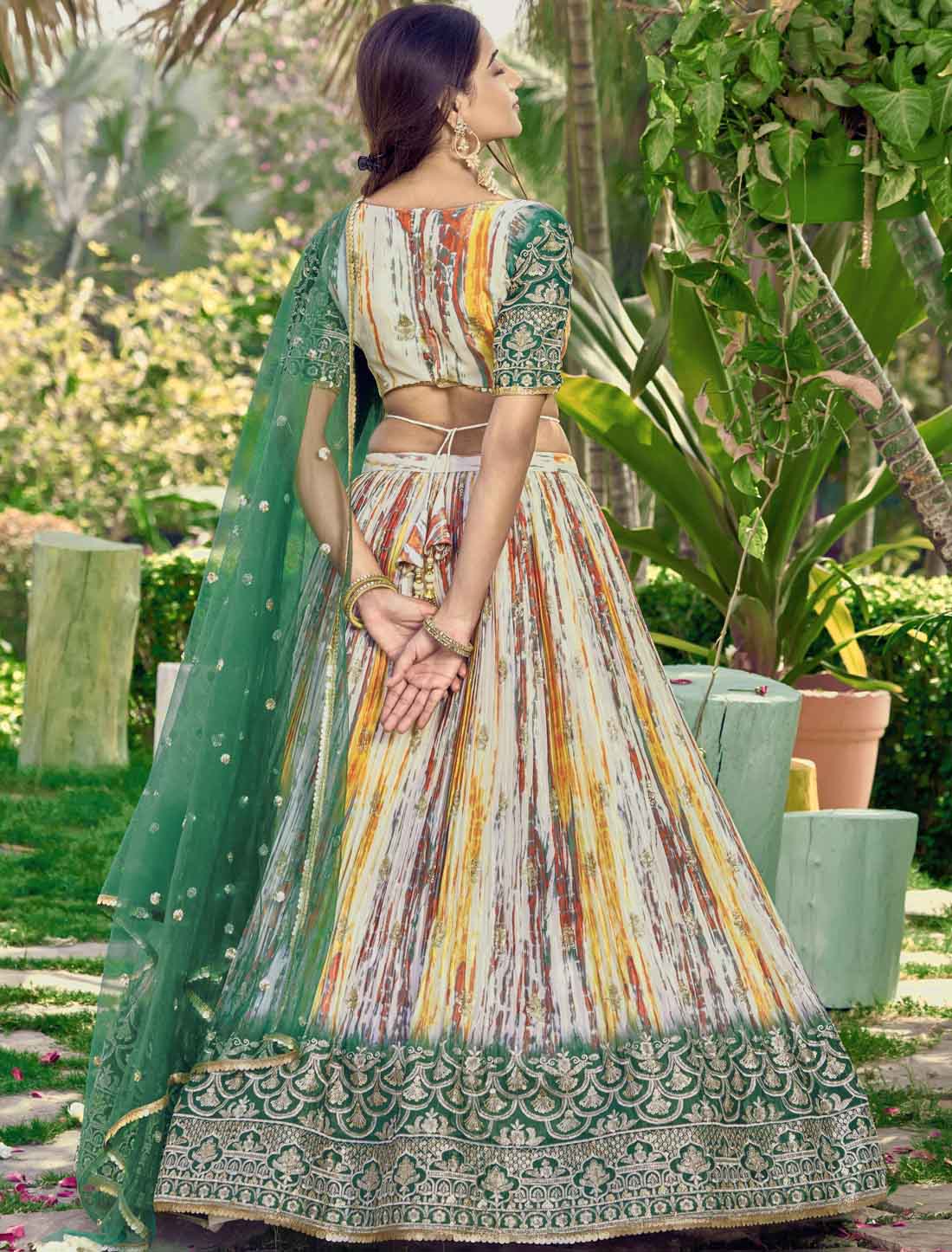 Ethnic Green Chinon With Embroidery Digital Print Lehenga Choli