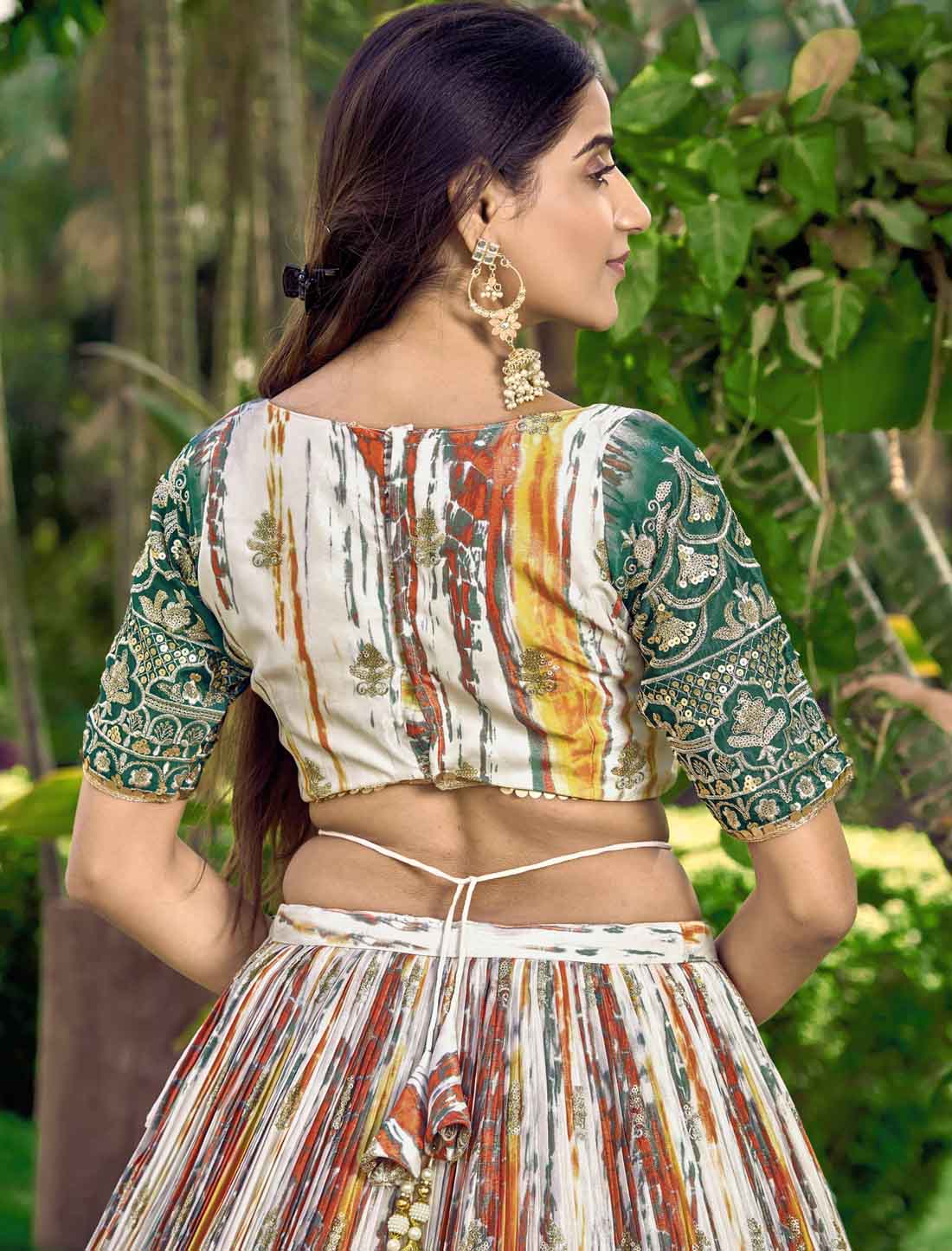 Ethnic Green Chinon With Embroidery Digital Print Lehenga Choli