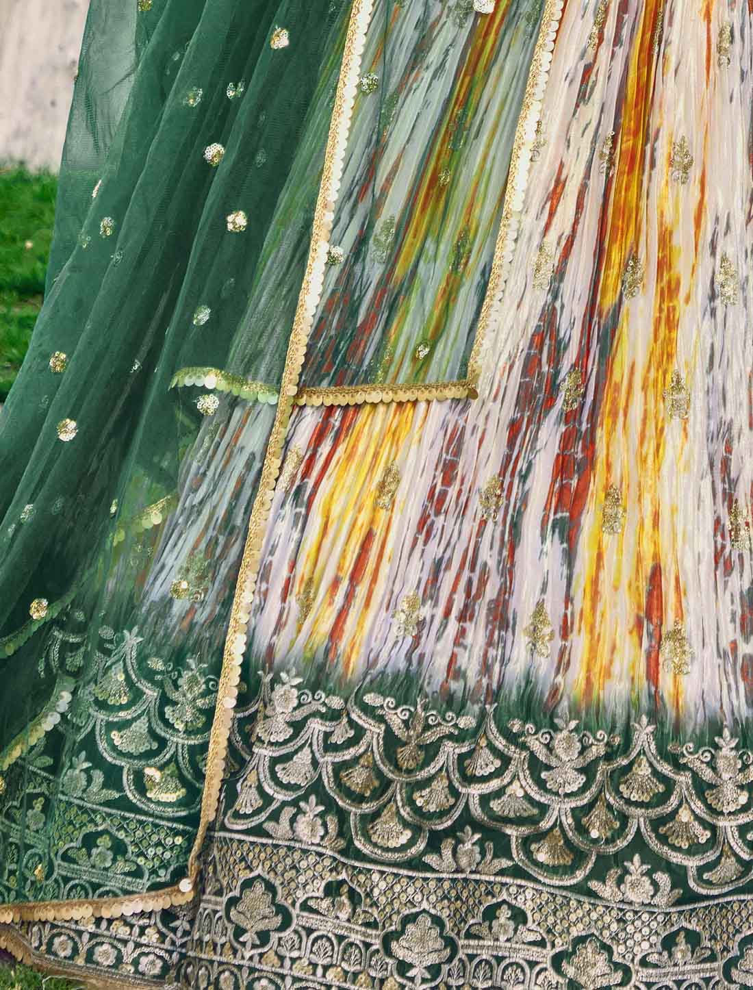 Ethnic Green Chinon With Embroidery Digital Print Lehenga Choli