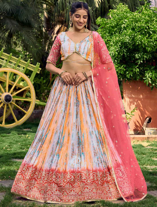 Pink Green Chinon With Embroidery Digital Print Ethnic Lehenga Choli