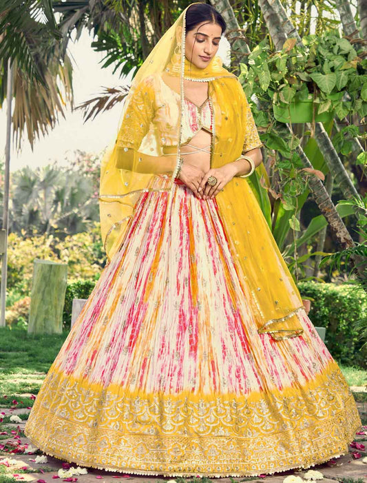 Yellow Chinon With Embroidery Ethnic Digital Print Lehenga Choli