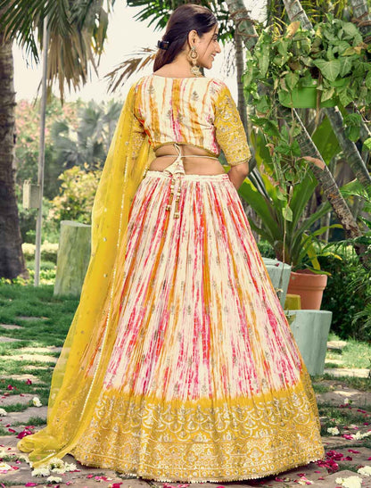 Yellow Chinon With Embroidery Ethnic Digital Print Lehenga Choli