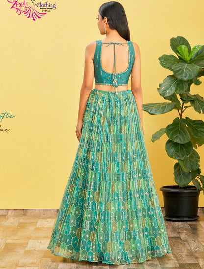 Green Organza And Soft Net Lehenga With Dupatta And Silk Blouse UnStitched Lehenga Choli Sets