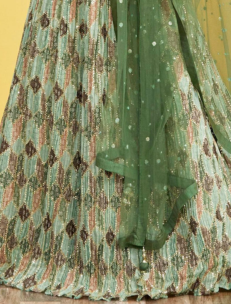 Green Chinnon And Soft Net Lehenga With Dupatta And Silk Blouse UnStitched Lehenga Choli Sets