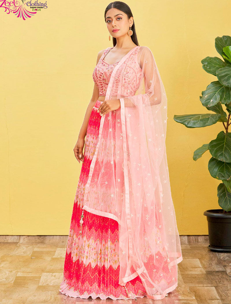 Pink Chinnon And Soft Net Wedding Lehenga For Women With Dupatta And Silk Blouse UnStitched