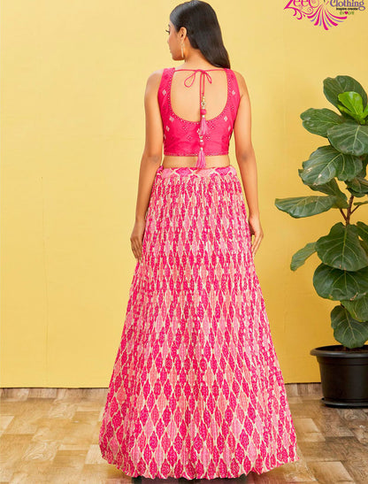Pink Chinnon Wedding Lehenga Choli For Women With Dupatta And Silk Blouse