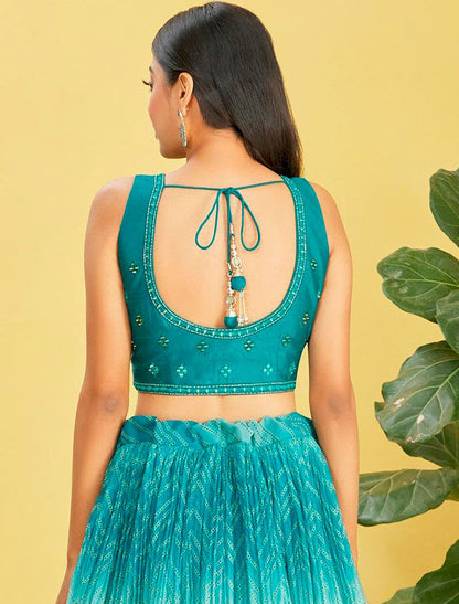 Blue Organza And Soft Net Lehenga With Dupatta And Silk Blouse UnStitched Lehenga Choli Sets