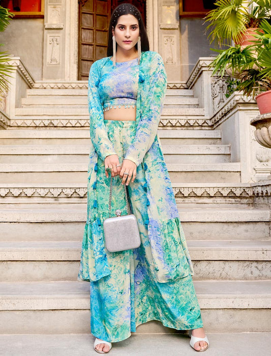 Sky Blue Silk Full Stitched Koti Style Co-ords And Palazzo Printed Work Luxurious Cords Sets