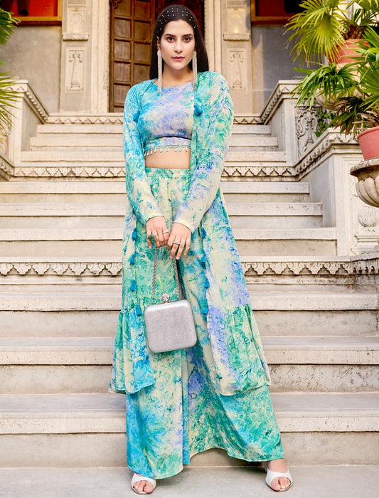 Sky Blue Silk Full Stitched Koti Style Luxurious Co-ords Sets And Palazzo Printed Work