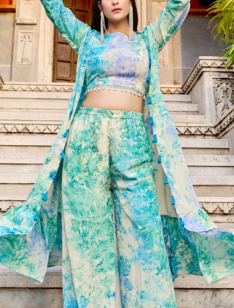 Sky Blue Silk Full Stitched Koti Style Luxurious Co-ords Sets And Palazzo Printed Work