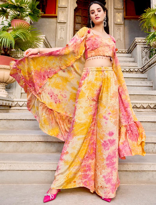 Yellow Blue Silk Full Stitched Koti Style Co-ords And Palazzo Printed Work Luxurious Cords Sets