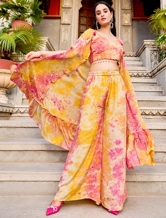 Yellow Blue Silk Full Stitched Koti Style Luxurious Co-ords Sets And Palazzo Printed Work