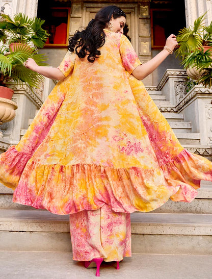 Yellow Blue Silk Full Stitched Koti Style Luxurious Co-ords Sets And Palazzo Printed Work