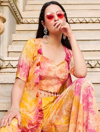 Yellow Blue Silk Full Stitched Koti Style Luxurious Co-ords Sets And Palazzo Printed Work