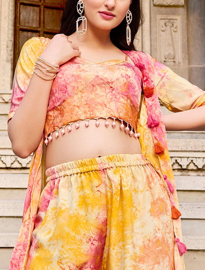 Yellow Blue Silk Full Stitched Koti Style Luxurious Co-ords Sets And Palazzo Printed Work