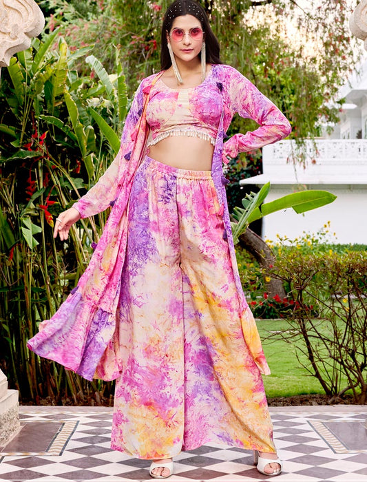 Purple Blue Silk Full Stitched Koti Style Co-ords And Palazzo Printed Work Luxurious Cords Sets