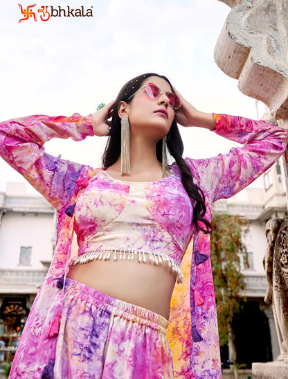 Purple Blue Silk Full Stitched Koti Style Luxurious Co-ords Sets And Palazzo Printed Work
