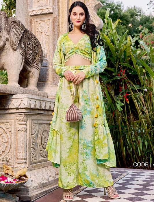 Floracance Green Blue Silk Full Stitched Luxurious Co-ords Sets, Koti Style And Palazzo Printed Work