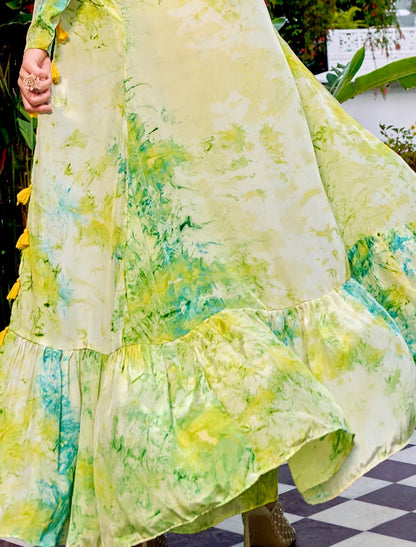 Floracance Green Blue Silk Full Stitched Luxurious Co-ords Sets, Koti Style And Palazzo Printed Work