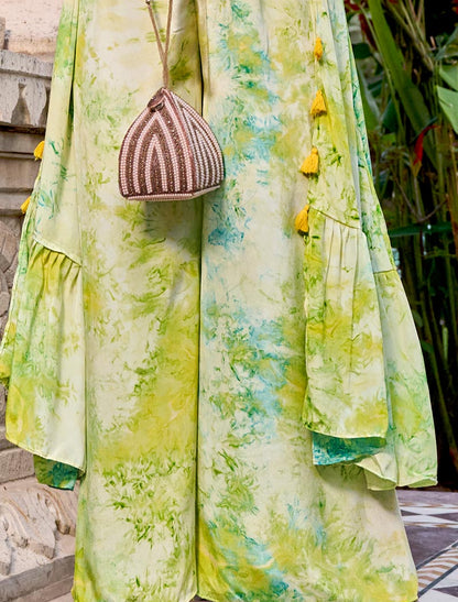 Floracance Green Blue Silk Full Stitched Luxurious Co-ords Sets, Koti Style And Palazzo Printed Work