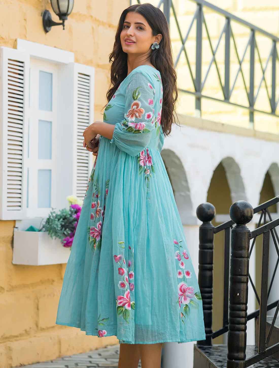 Blue Digital Printed With Western Kota Checks Short Dress