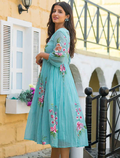 Blue Digital Printed With Western Kota Checks Short Dress