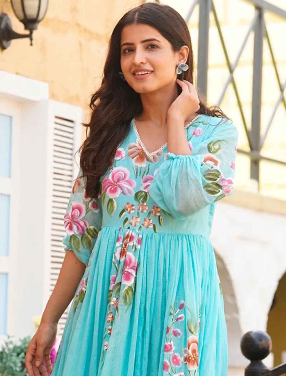 Blue Digital Printed With Western Kota Checks Short Dress