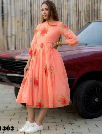 Elevate Peach Kota Checks With Digital Printed Short Western Dress