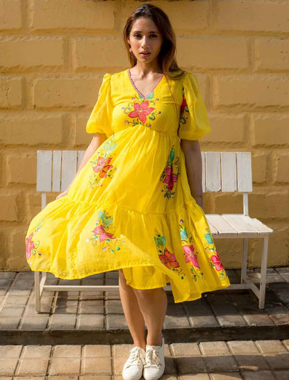 Elevate Yellow Weatren Kota Checks With Digital Printed Dress