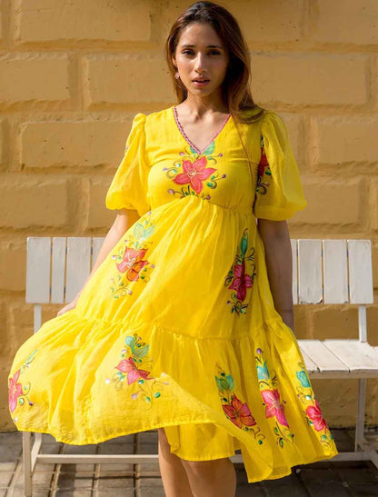Elevate Yellow Weatren Kota Checks With Digital Printed Dress
