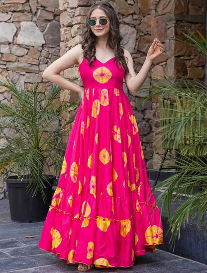 Dark Pink Ethnic Hevay Rayon Digital Work Full Stitched Long Gown