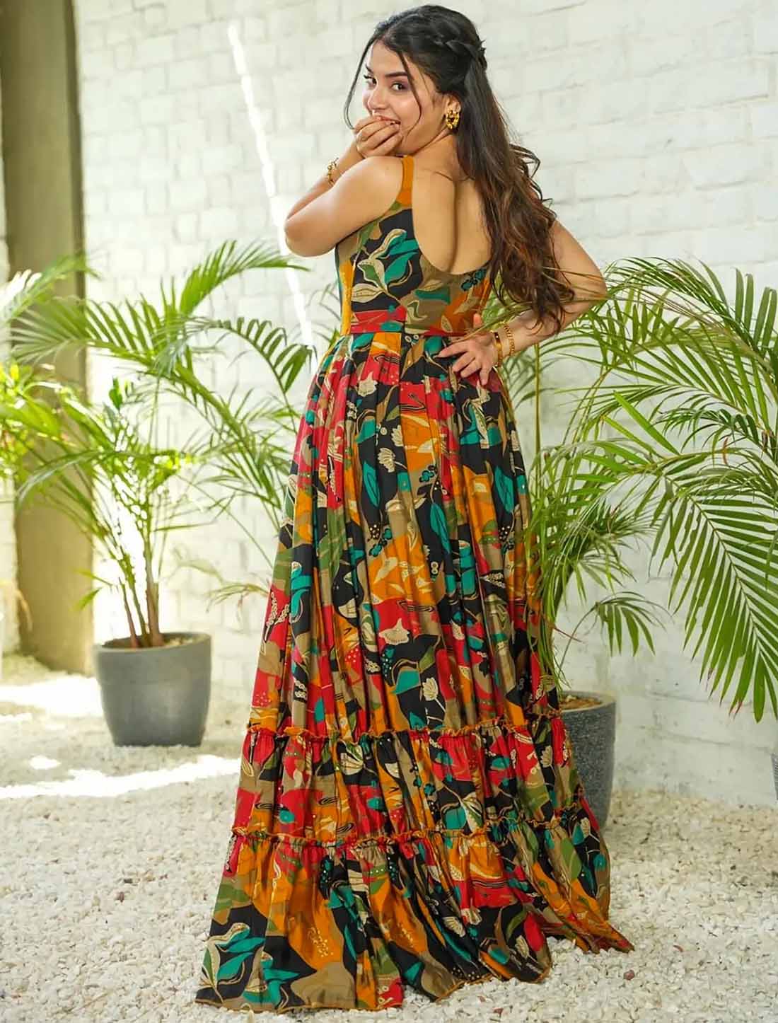 Ethnic Multi-Color Hevay Rayon Digital Work Full Stitched Long Gown