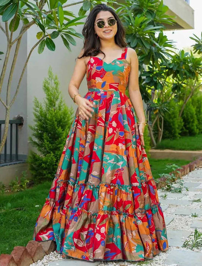 Multi-Color Ethnic Hevay Rayon Digital Work Full Stitched Long Gown