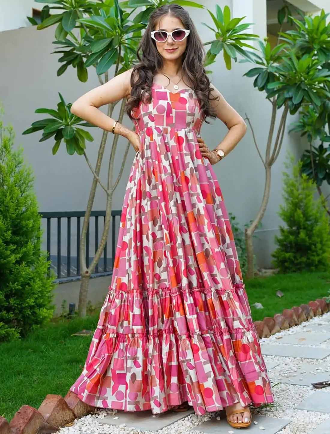 Ethnic Hevay Rayon Digital Pink Work Full Stitched Long Gown