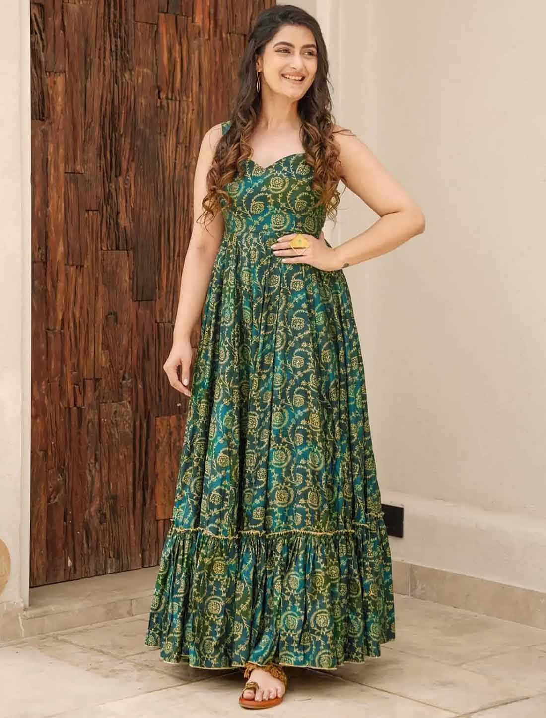 Green Ethnic Hevay Rayon Digital Work Full Stitched Long Gown
