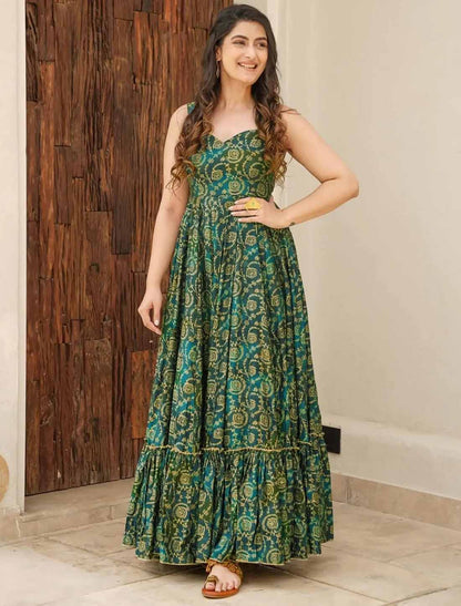 Green Ethnic Hevay Rayon Digital Work Full Stitched Long Gown