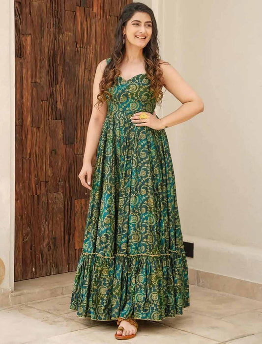Green Ethnic Hevay Rayon Digital Work Full Stitched Long Gown