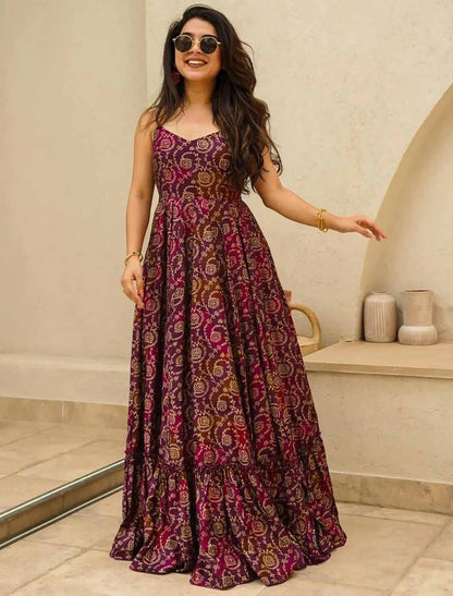 Ethnic Dark Brown Hevay Rayon Digital Work Full Stitched Long Gown
