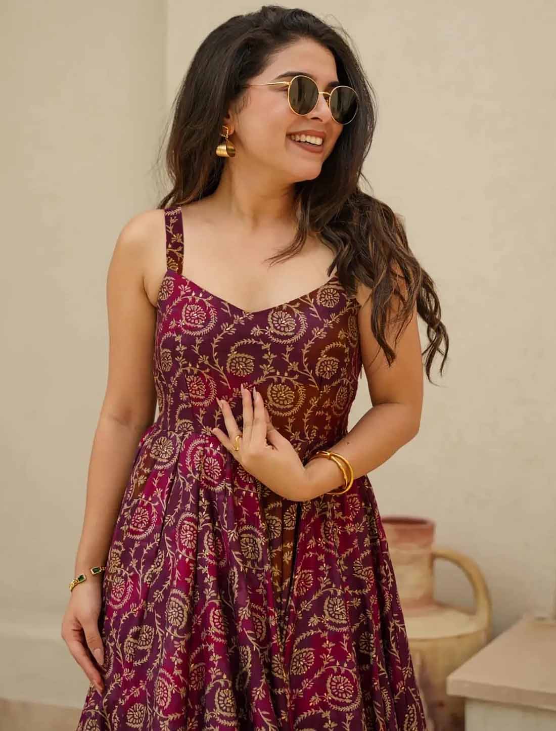Ethnic Dark Brown Hevay Rayon Digital Work Full Stitched Long Gown