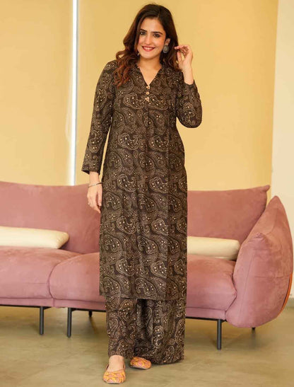 Brown Maslin Designer Digital Printed Ethnic Kurta Sets With Palazzo