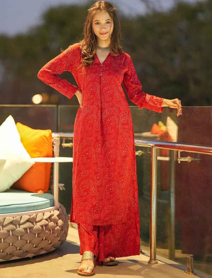 Red Pure Maslin Heavy Digital Printed Desginer Kurta Sets For Women