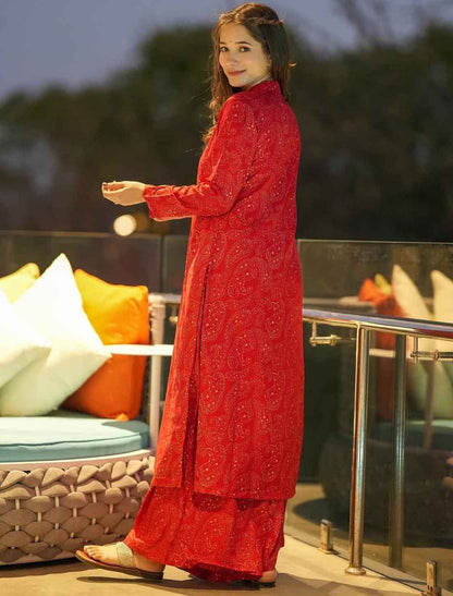 Red Pure Maslin Heavy Digital Printed Desginer Kurta Sets For Women