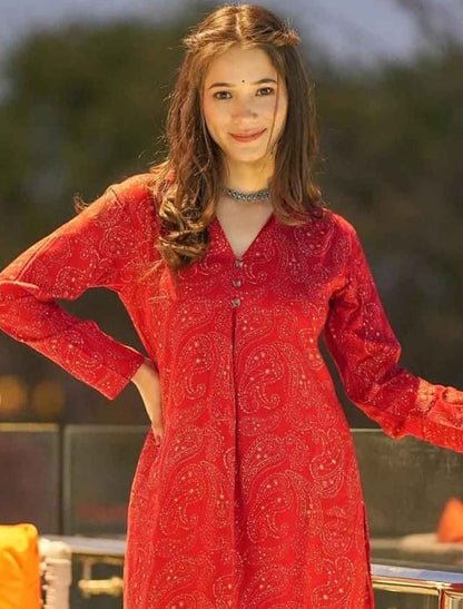 Red Pure Maslin Heavy Digital Printed Desginer Kurta Sets For Women