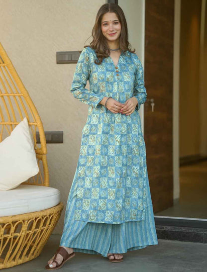Blue Pure Maslin Heavy Digital Printed Designer Kurta Sets