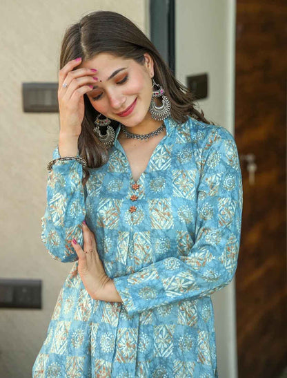 Blue Pure Maslin Heavy Digital Printed Designer Kurta Sets