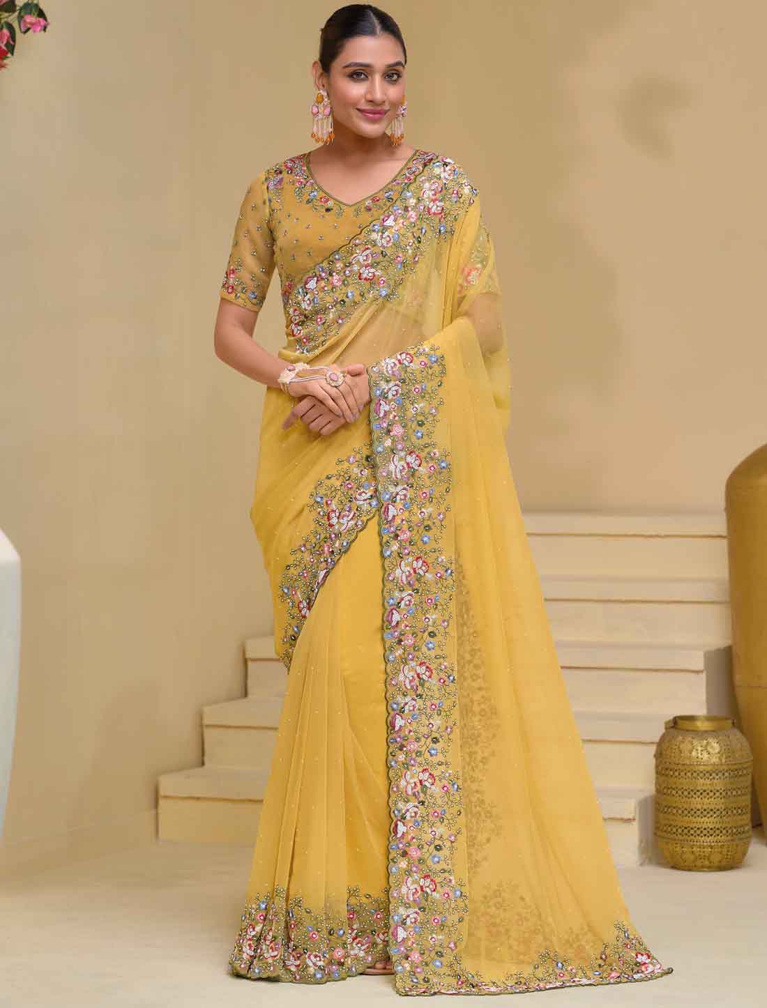 Mustard Designer Pure Banarasi Tuscany Ethnic Saree